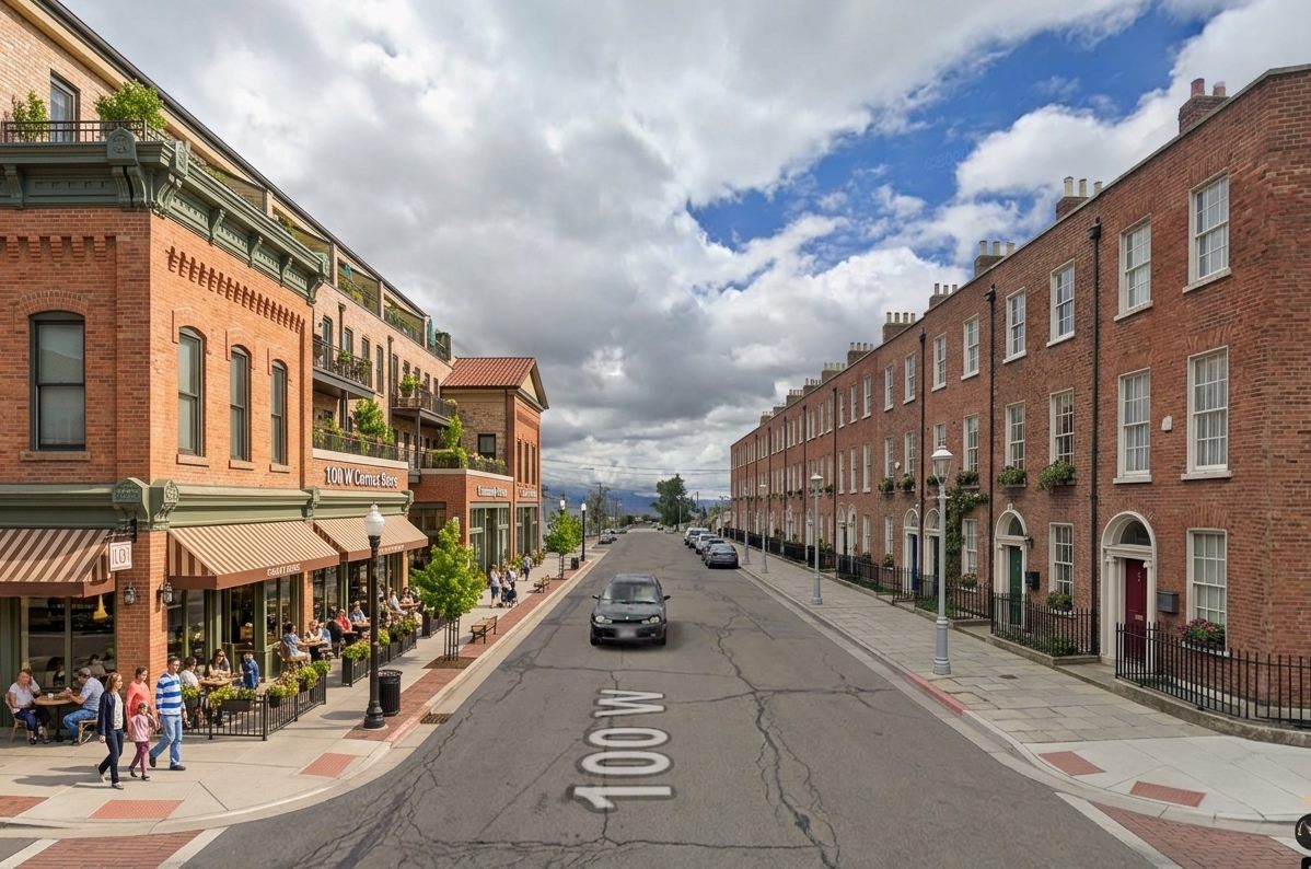 A reimagined Provo street: brick rowhomes and shopfronts on a calm, tree-lined, walkable street