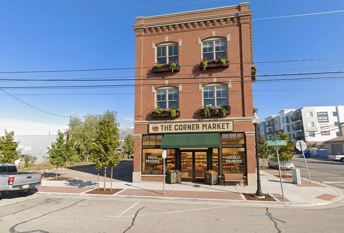 A vacant corner lot rebuilt as a three-story brick corner market with fresh produce and homes above