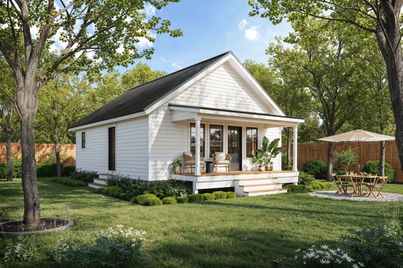 A small backyard cottage with a covered porch behind a house