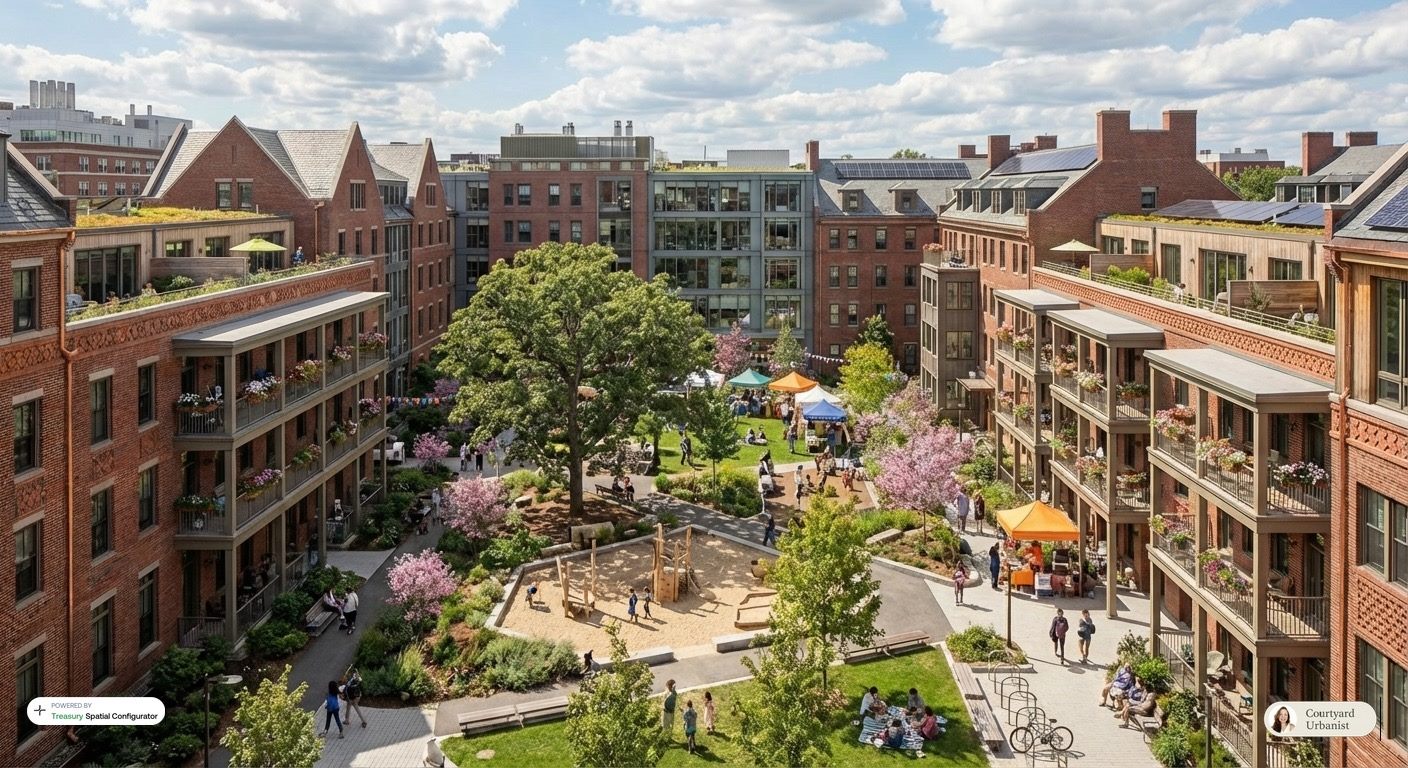 An aerial view of a brick courtyard block full of families around a shared green with a playground