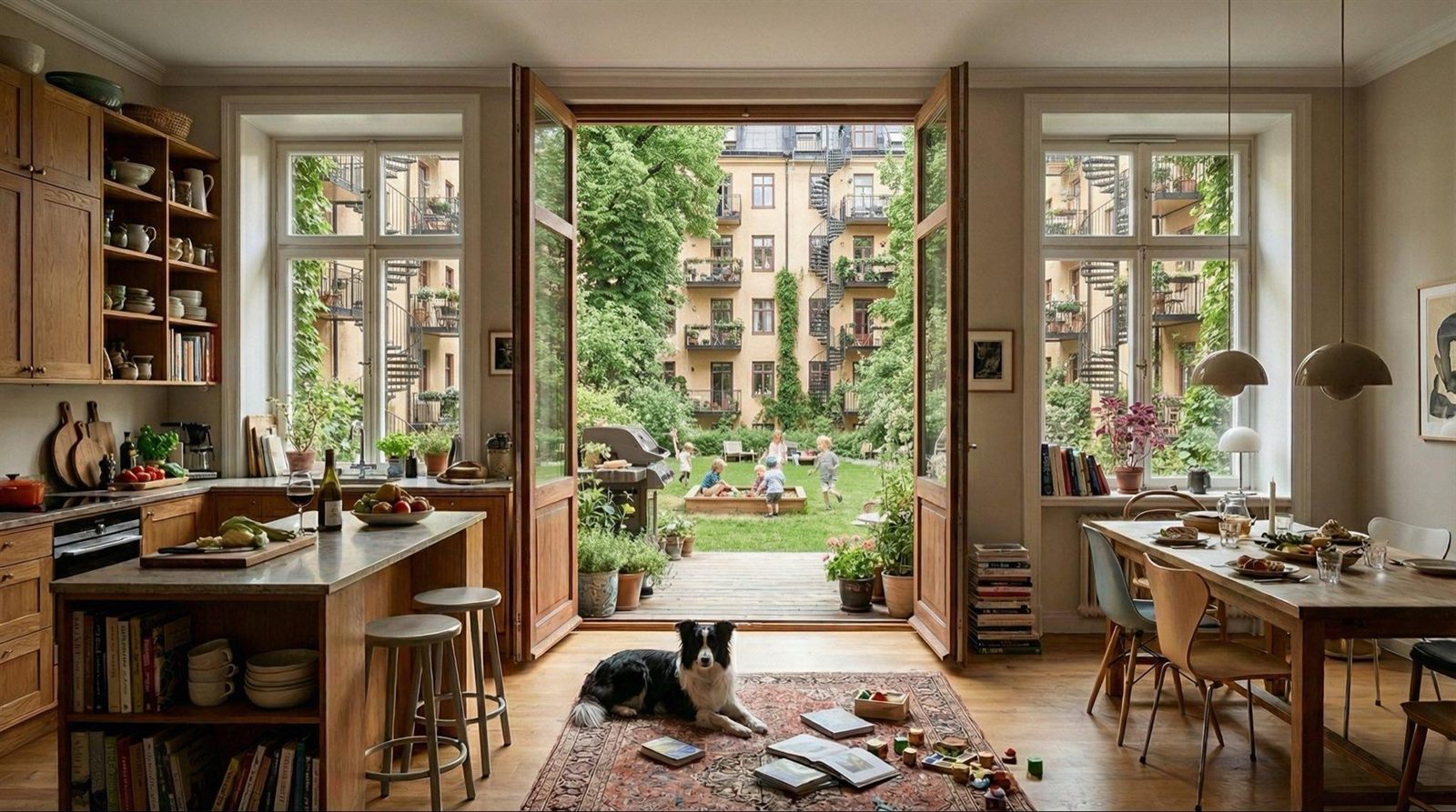 A kitchen and dining room opening through french doors onto a shared courtyard where children play on a lawn