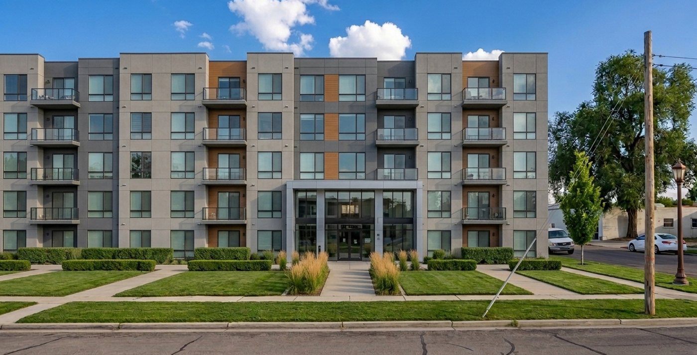 The same Provo lot built as a generic gray box-slop apartment block