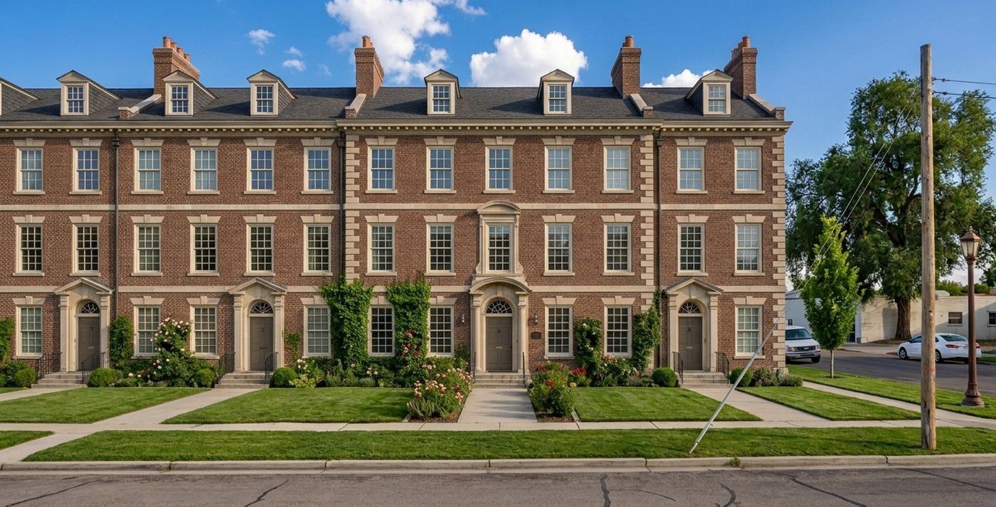The same Provo lot built as elegant brick rowhomes with front doors and trees
