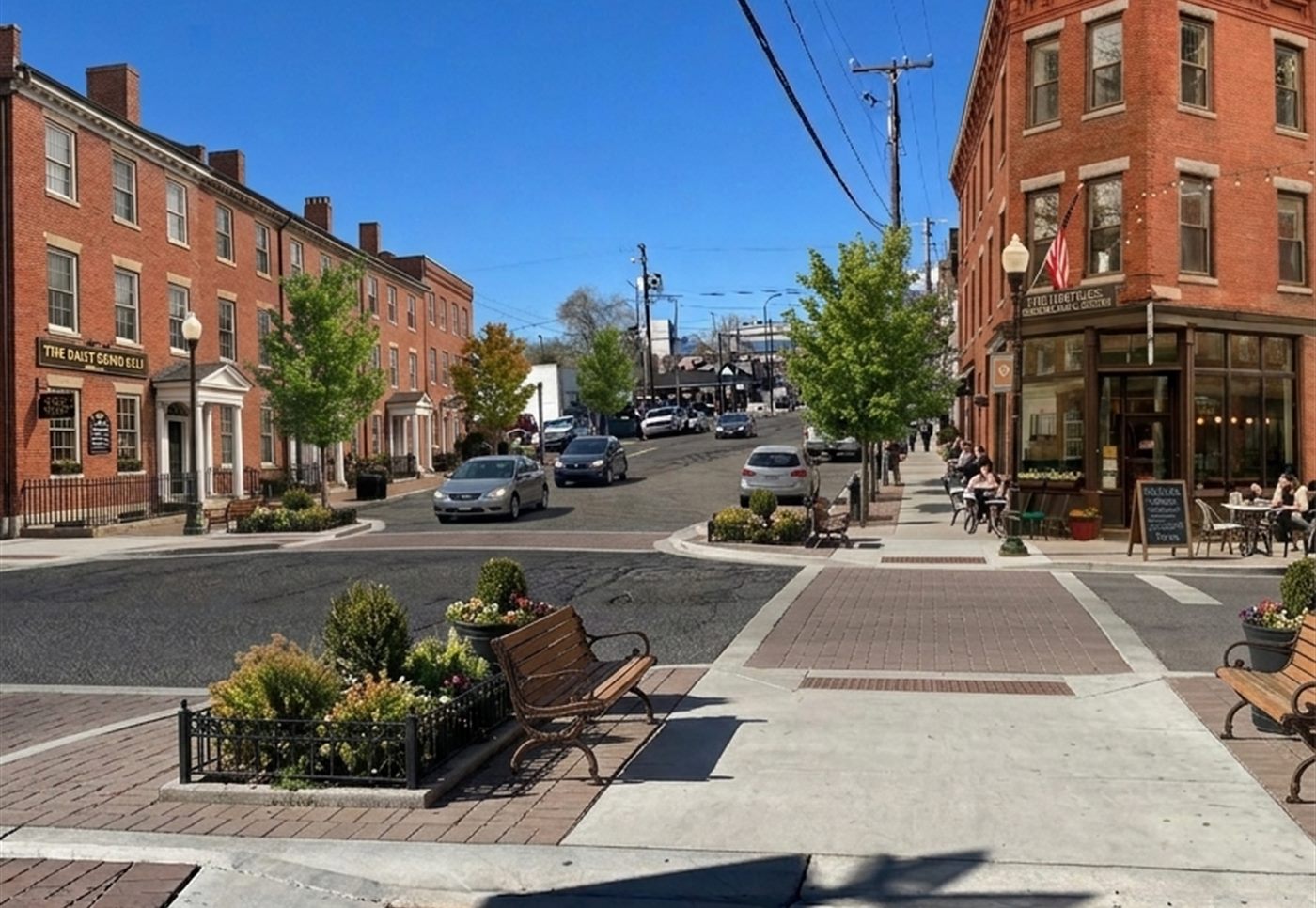The same corner of 100 West reimagined as Station Street: brick storefronts, street trees, benches, and people